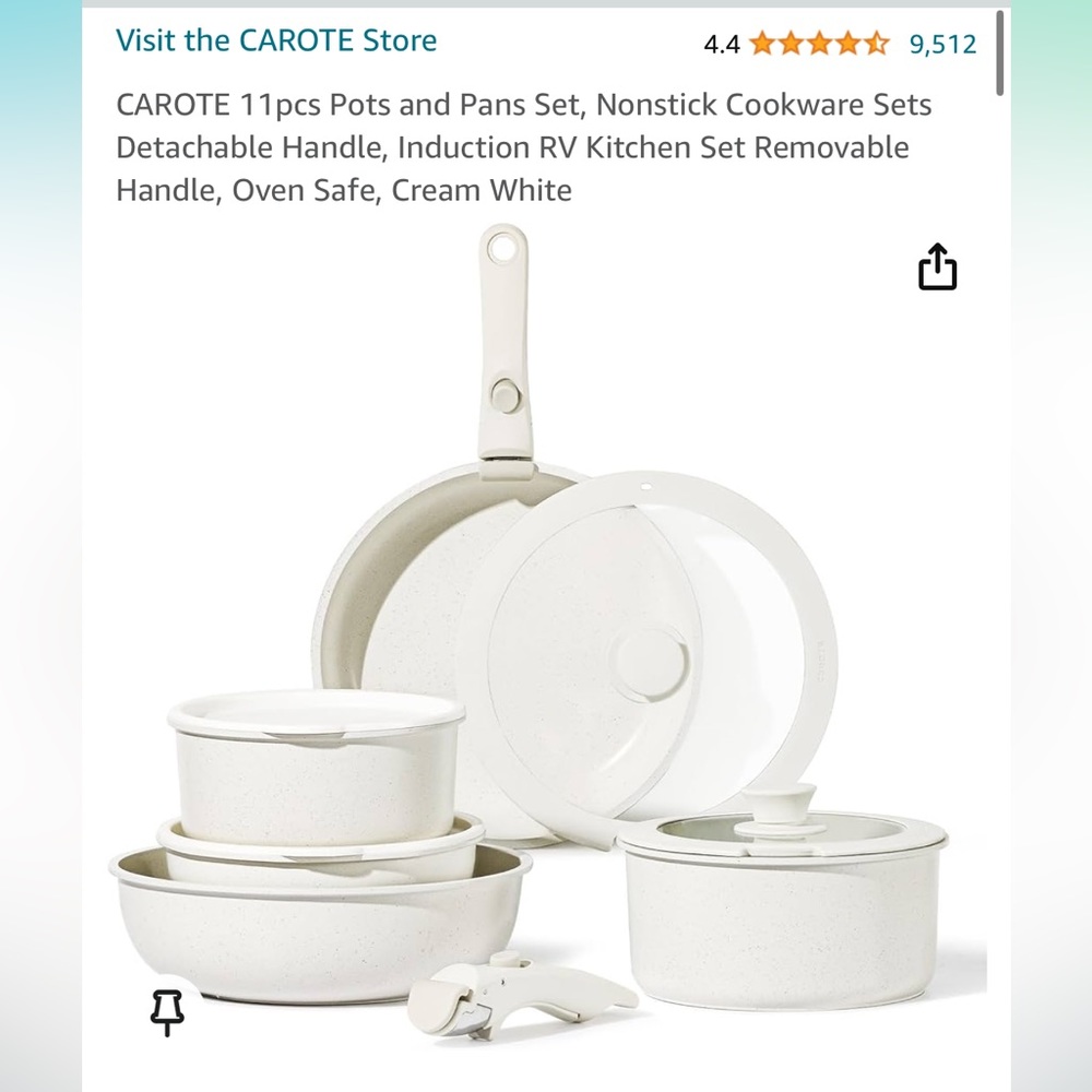 Carote 11 piece pots & pans set, nonstick cookware, detachable handle, oven safe